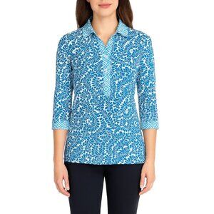 J. McLaughlin Court 3/4 Sleeve Polo in Blue Lisbon Market Geo Size Medium